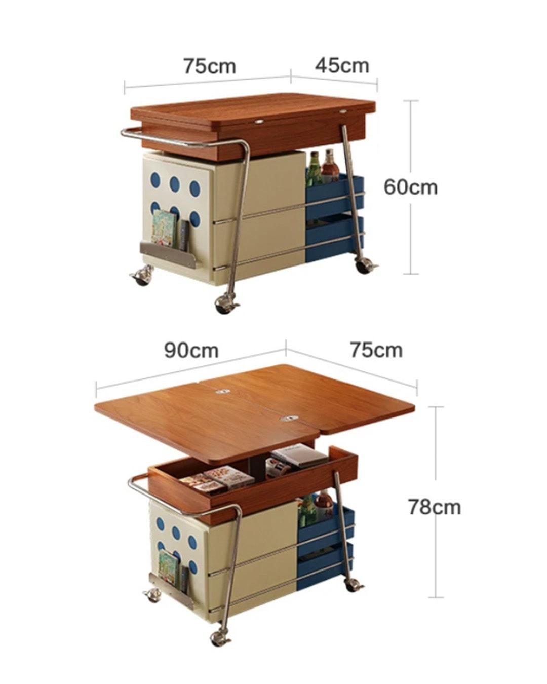 Mobile serving cart with wooden top and storage compartments on wheels.