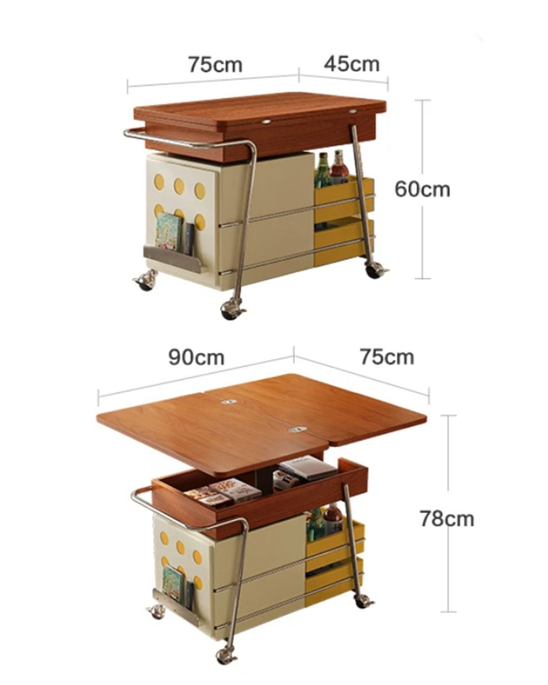 Mobile cart with storage and wooden top, ideal for living room or coffee table.