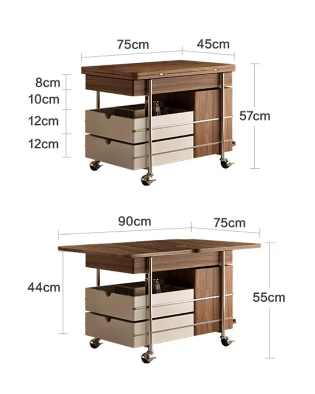Mobile cart with storage drawers and wooden top for living room use.