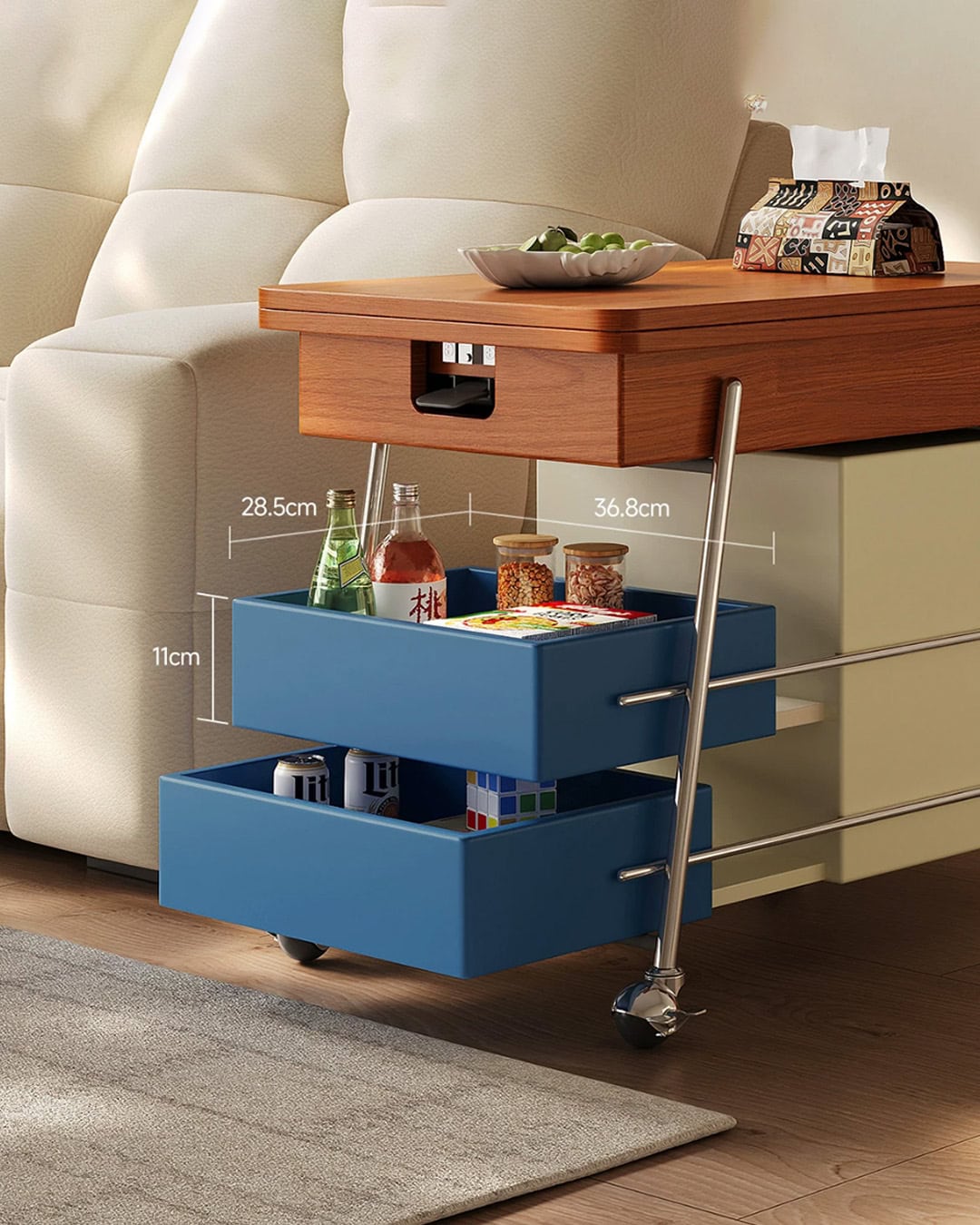 Mobile trolley with storage drawers in living room setting.
