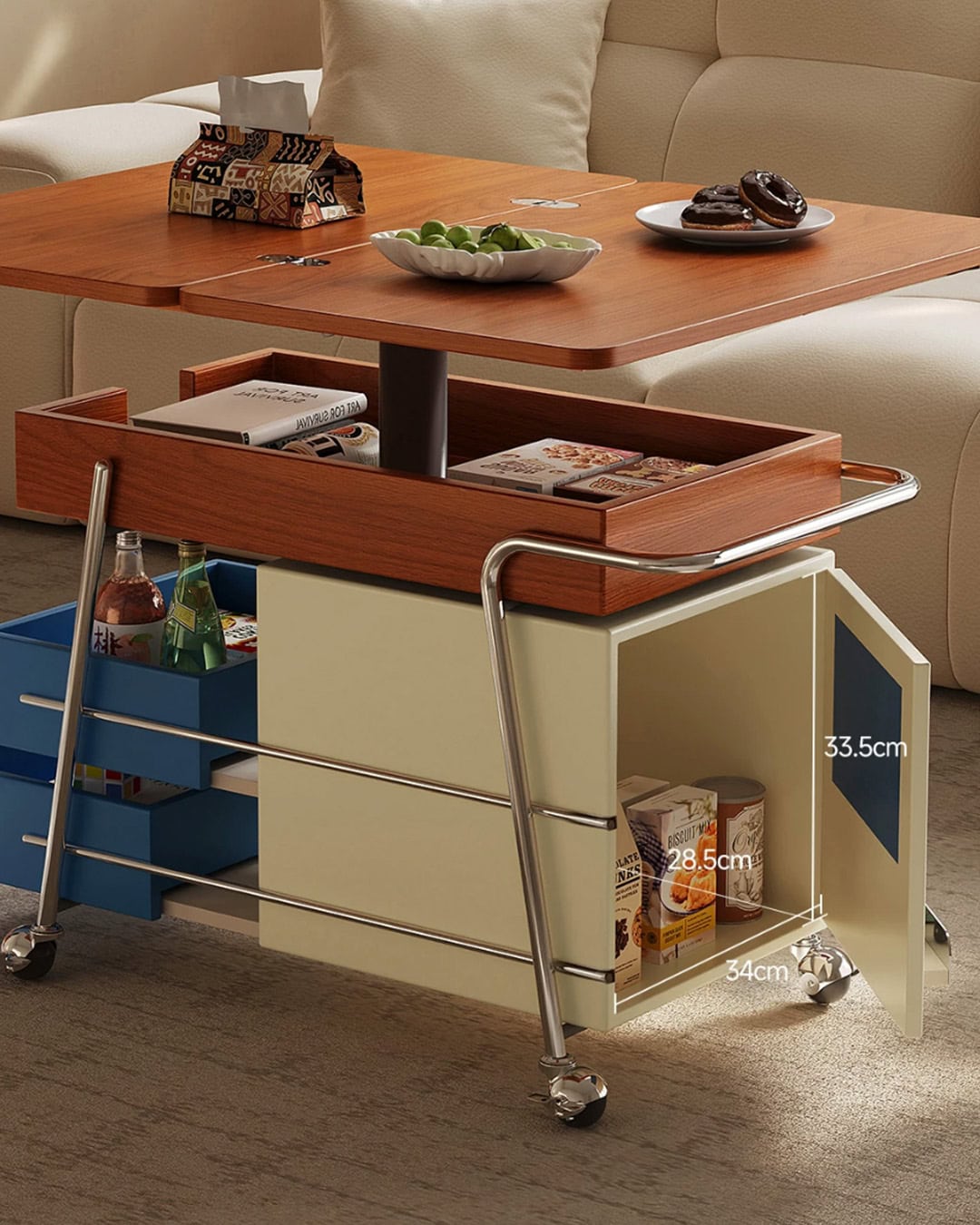 Mobile serving cart with wooden top and storage compartments in a living room.